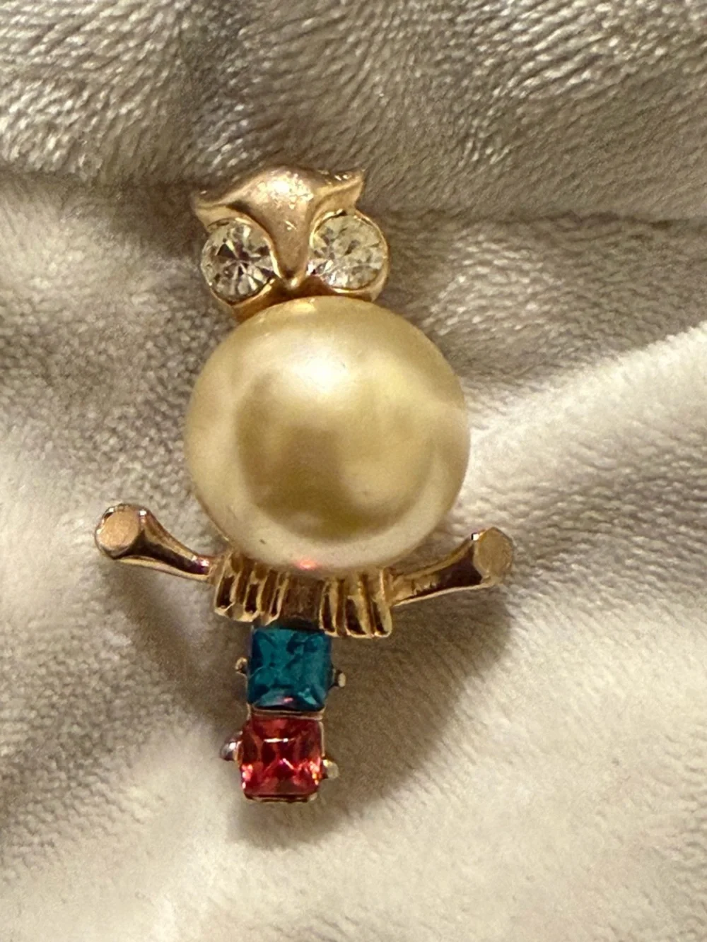 Gold-Tone Owl Brooch with Pearl and Red & Blue Stones